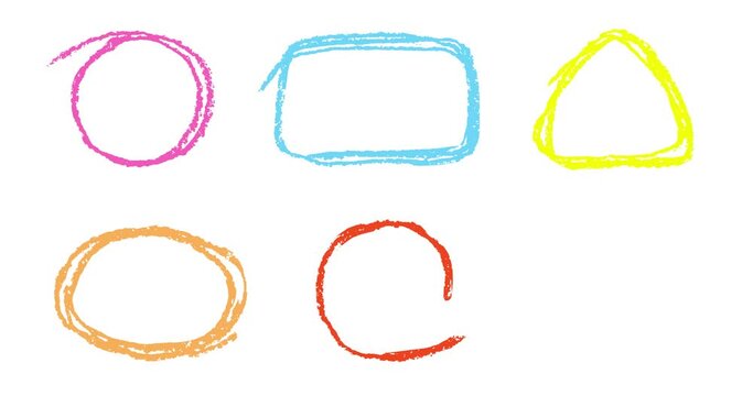 Circle mark set. Hand drawn doodle colorful round, square element. Crayon, chalk or pencil marker note frame for selecting text isolated transparency with alpha channel. 4K animation circle line pack