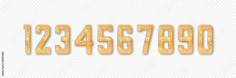 Poster Golden glitter numbers. Set of numbers from 0 to 9 with gold glitter and shadow isolated on transparent background. Vector illustration.