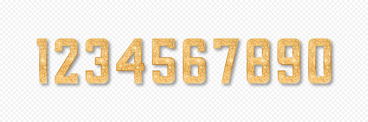 Golden glitter numbers. Set of numbers from 0 to 9 with gold glitter and shadow isolated on transparent background. Vector illustration.