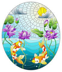Illustration in stained glass style with a pair of koi carp and Lotus flowers on a background of water and a Sunny sky, oval image