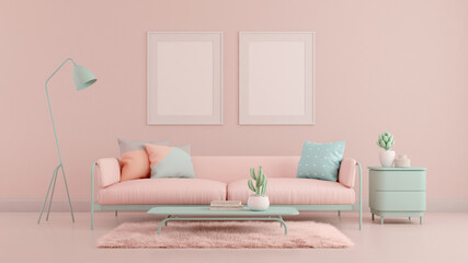 Living room.Design with pastel color.Sofa,table,carpet and pink wall.3d rendering