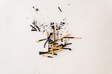 burnt matches on a white background. used matches after gorenje with ashes