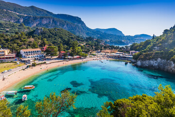 Corfu, Greece. Picturesque village of Paleokastritsa and its beach.