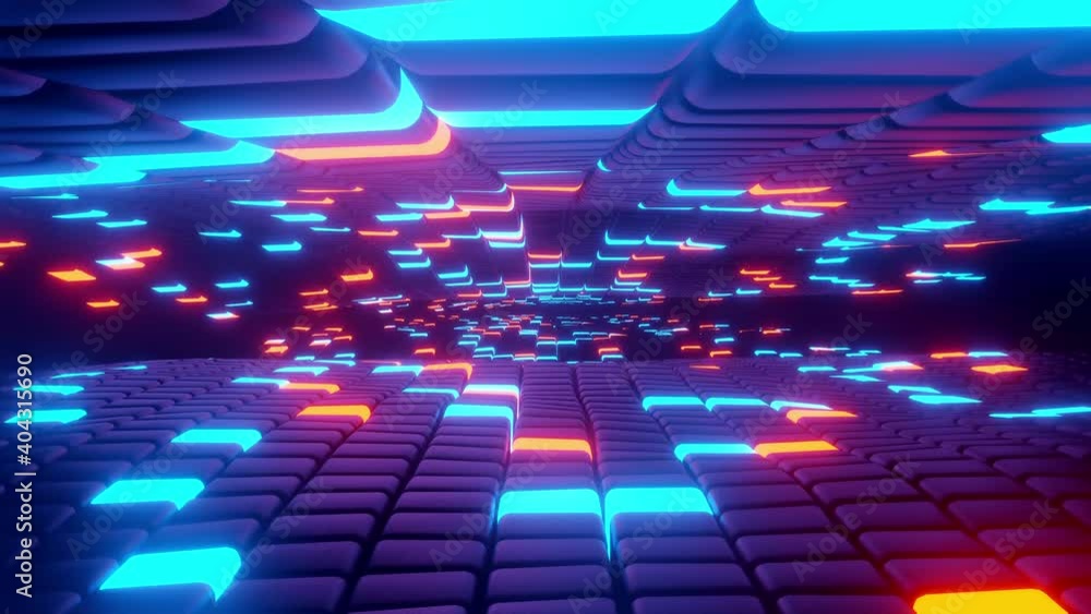 Poster flight in to neon lights cyber futuristic virtual reality tunnel motion graphics animation. 4k 3d se