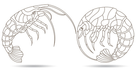 Set of contour illustrations in stained glass style with shrimp, dark contours isolated on a white background