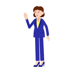 A woman in a business suit.Vector image of a woman for animation. Editable strokes. Business lady greets with her hand. Business lady in a blue suit on a white background.
