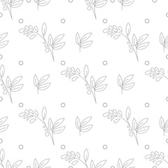 Seamless pattern with decorative leaves isolated on white. Twig with leaves, black lines. Vector delicate background.
