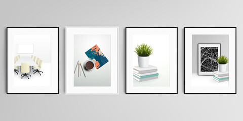 Realistic vector set of picture frames in A4 format isolated on gray background. Home office concept, study or freelance, working from home.