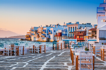 Mykonos, Greece. Waterfront in Little Venice, Mykonos at sunset. - obrazy, fototapety, plakaty