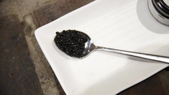 Attilus Caviar Royal Siberian Caviar. A tablespoon of caviar. Some caviar roe on a plate. Detail shot of caviar roe. 
