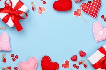 Valentines day. Gift boxes, heart decor and candy sweets