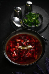 Traditional Ukrainian borscht with cream.
