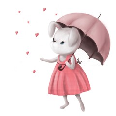 rabbit girl with an umbrella under the rain of hearts, valentines day illustration, love you card