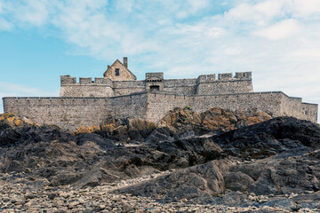 Fort National being a part of ancient naval defense system of Saint Malo at high tide, Saint Malo, France