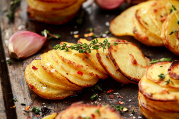 Hot Baked crispy potato stack with parmesan cheese and herbs