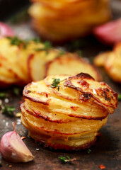 Hot Baked crispy potato stack with parmesan cheese and herbs