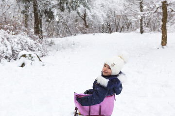 Fototapeta na wymiar A little girl in warm clothes is sitting on a sleigh. Winter forest, walk