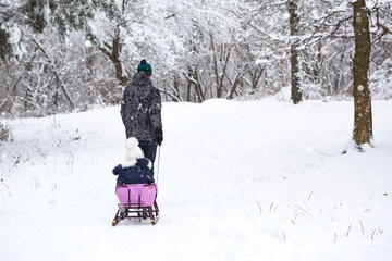 Dad takes his little daughter on a sledge uphill through the winter snow forest. Active family outdoor activities