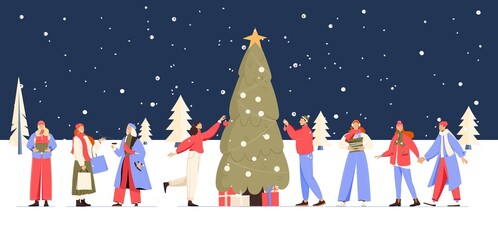 Winter and christmas landscape with people decorating tree and holding presents. Vector illustration, banner