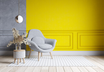 Modern living room interior design.  yellow and gray paint wall with gray chair . Color of the year 2021. 3d render