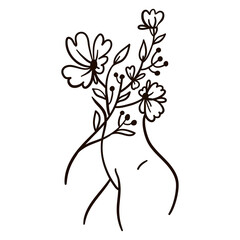 Woman silhouette line. Women and flowers. Black outline vector illustration on white background. 
