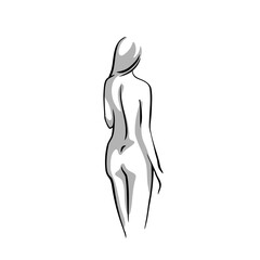 Beautiful woman body, minimalstic female nude graphic image. Vector sketch illustration, isolated on white background