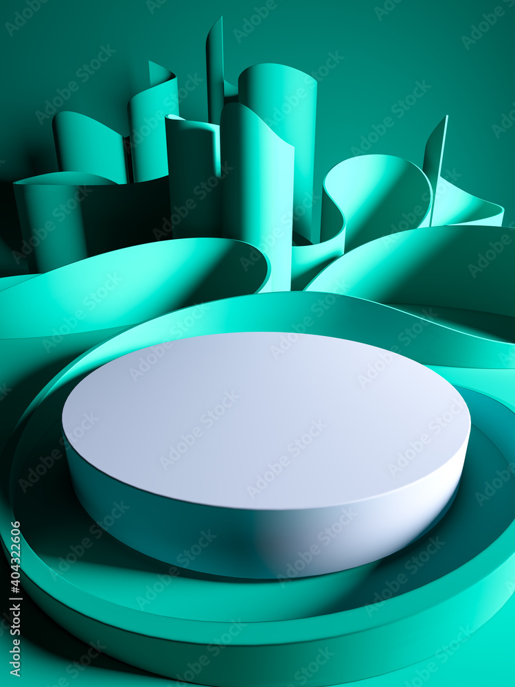 Aufkleber showcase for branding and product presentation. white blank cylinder near green circular geometric p