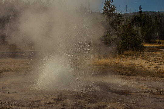 Close Up Of Hot Blasting Water From Active Gushing Gayser In Yellowstone National Park In America