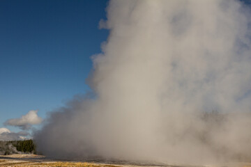 Close up of steaming and gushing old faithful geyser in thermal nature of yellowstone national park in america