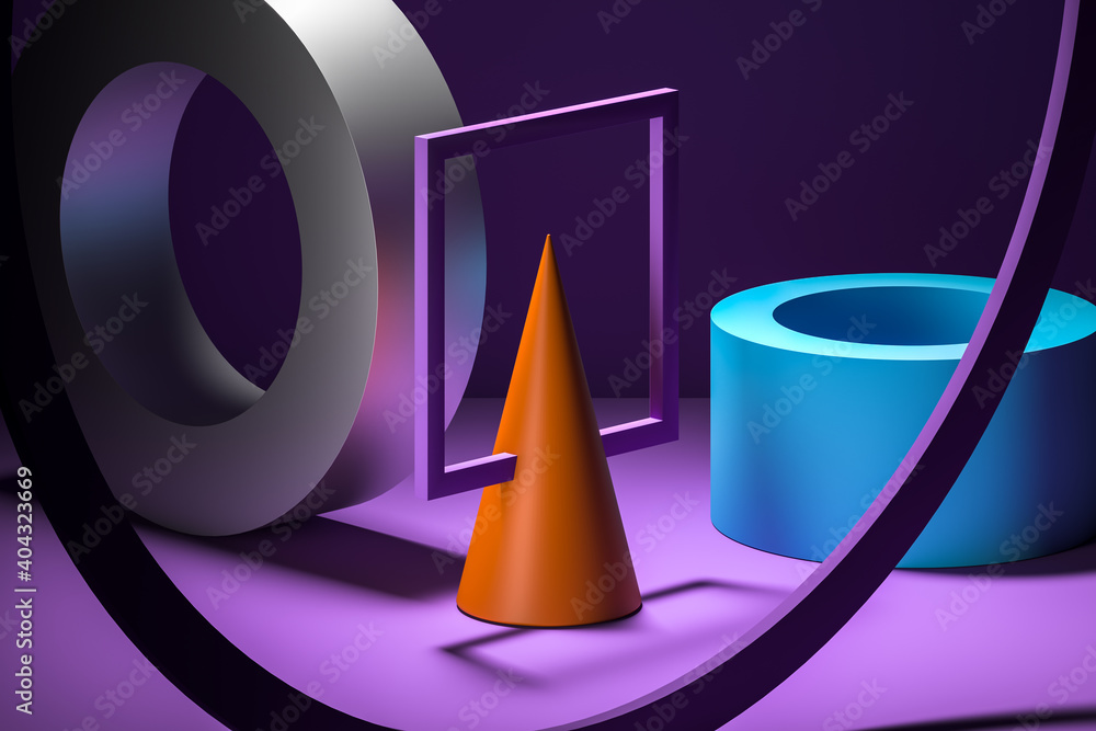 Poster multicolored abstract geometric figures as showcase for product presentation. minimalistic compositi