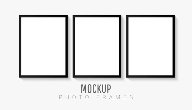 Empty white picture mockup template set with black frame isolated on white background. Vector illustration