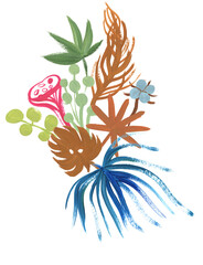 vertical bouquet of multicolored dried flowers drawn in gouache with dry palm leaves isolated on a white background for cards and prints on fabric