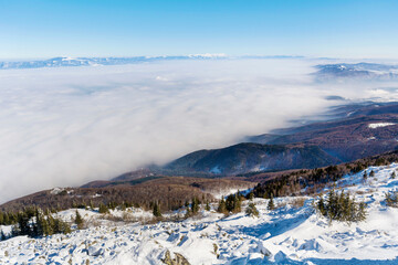 Fototapeta na wymiar Beautiful Winter Mountain Landscape in Bulgaria with Fog ,Vitosha Mountain