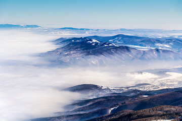 Obraz premium Beautiful Winter Mountain Landscape in Bulgaria with Fog ,Vitosha Mountain
