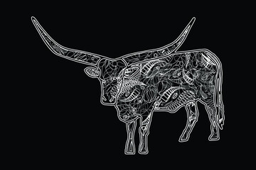 Vector illustration of a buffalo with long horns on a black background