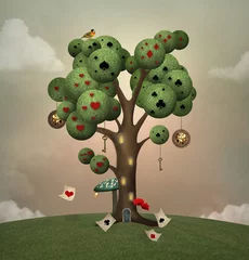  Isolated tree in a green surreal wonderland meadow with poker aces © EllerslieArt
