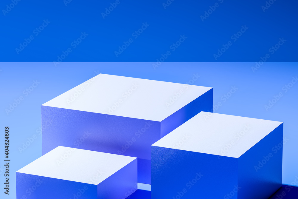 Poster showcase for advertising and product presentation. white blank cubes on bright blue background. abst