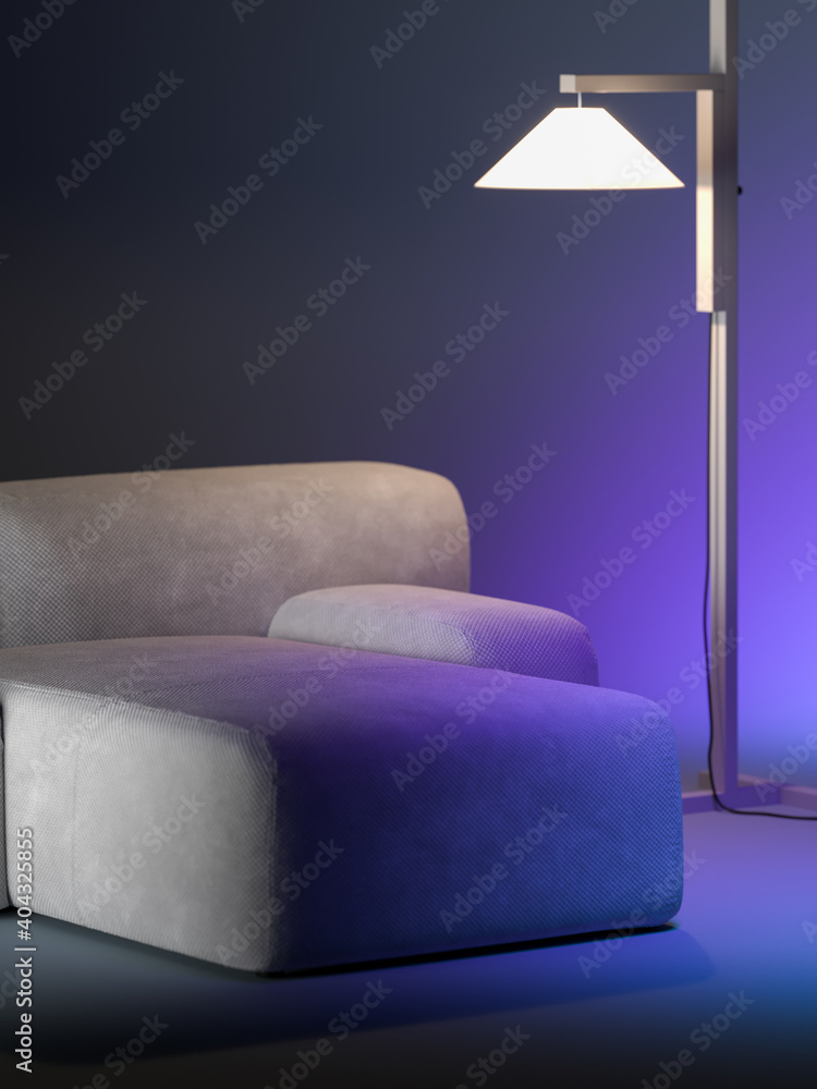 Poster minimalism style. close up of beige design comfortable couch near stylish floor lamp on violet gradi