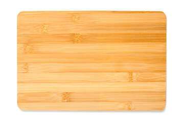 New rectangular wooden bamboo cutting board isolated on white background. Top view. Mock up for food project.