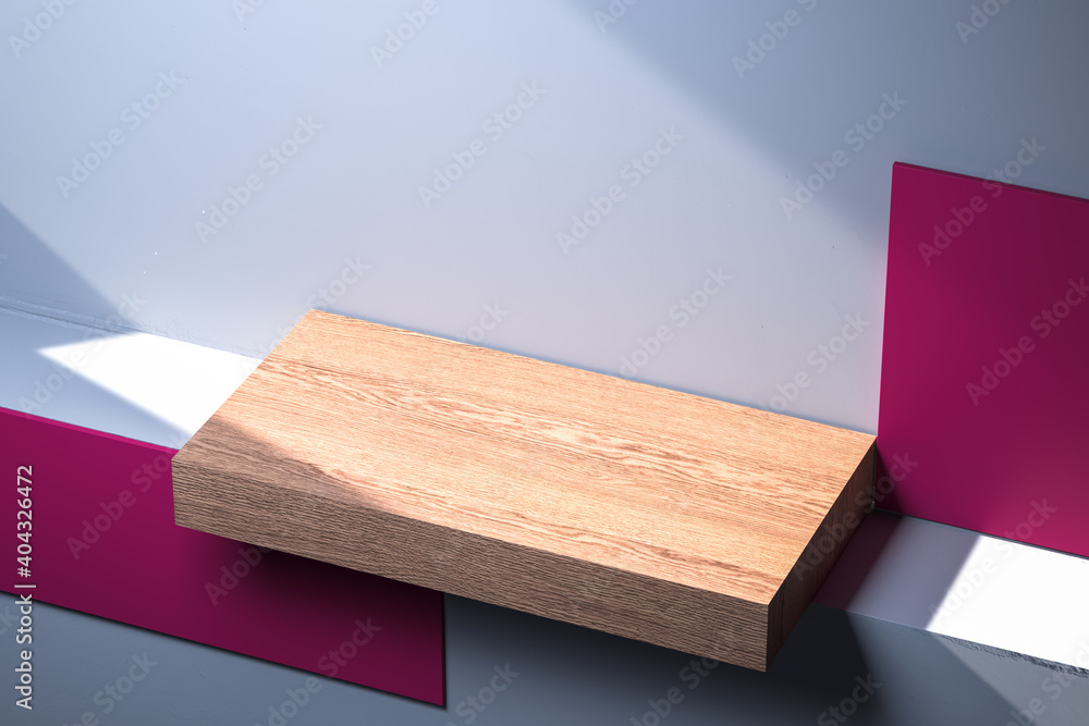 Poster wooden showcase for promotion and product presentation. luxury wooden shelf on multicolored backgrou
