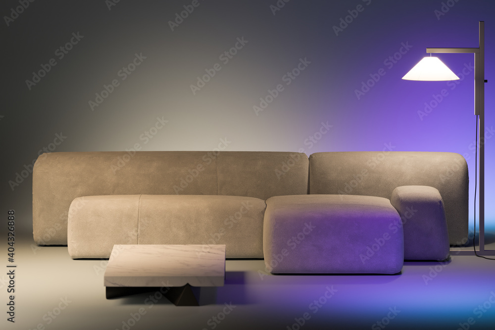 Poster minimalism style. beige design comfortable couch near stylish floor lamp beaming violet light. copy 