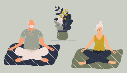 Elderly funny woman and man in yoga lotus position doing meditation, mindfulness practice,spiritual discipline at home or gym.Cute old lady and male sitting on mat and meditating.Vector illustration