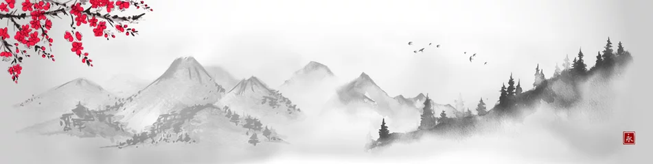 Rolgordijnen Landschap met sakurabloesem en bergen in de verte. Traditionele oosterse inkt schilderij sumi-e, u-sin, go-hua. Vertaling van hiëroglief - eeuwigheid. © elinacious
