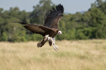 A hooded vulture in flight in the Great Wildebeest Migration.