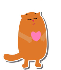 Cat in love isolated sticker. Cute happy romantic cat cartoon emotion with heart. Flat character graphic illustration