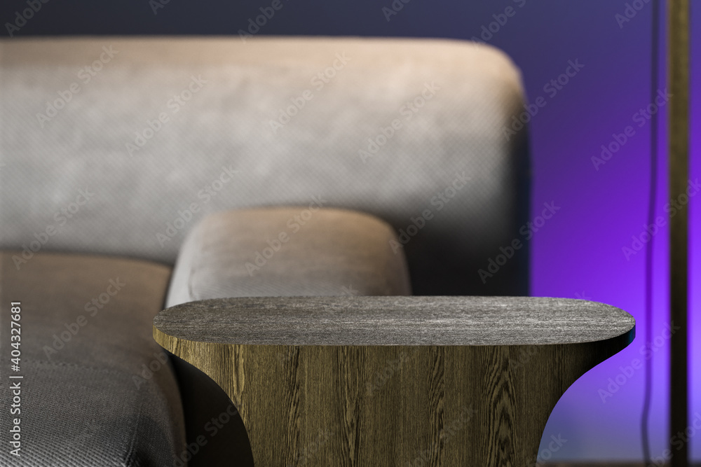 Poster minimalism style. beige design comfortable couch with wooden stylish coffee table on violet gradient