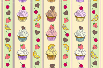 Cartoon assorted cupcakes pattern. Strawberry, chocolate lemon mint taste with frosting. Yellow turquoise pink brown pastel color. Cafe sweet dessert kitchen textile decoration