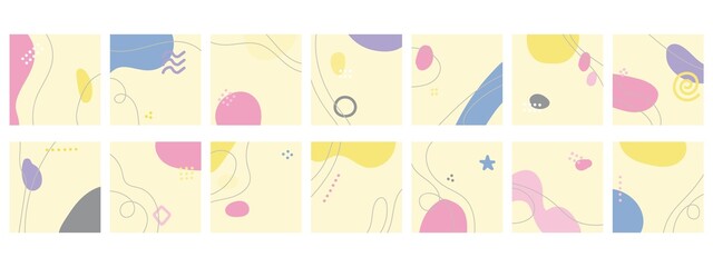 Fototapeta na wymiar Set of fourteen abstract isolated backgrounds. Hand drawn various shapes and doodle objects. Modern contemporary trendy vector illustration. Delicate pastel colors. Stock illustration. Copy space