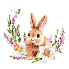 Wreath with spring flowers and small rabbit Hand drawn watercolor illustration, isolated on white background