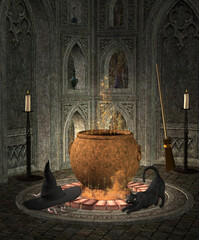 Boiling witch cauldron in a gothic crypt with a black cat